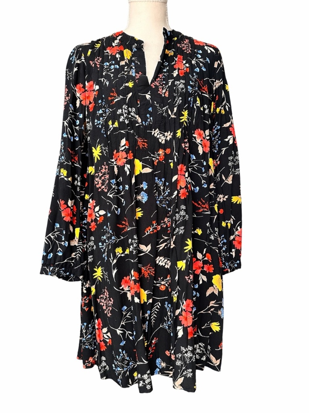 Old Navy Black Floral Midi Dress with Red, Yellow & Blue Flowers
